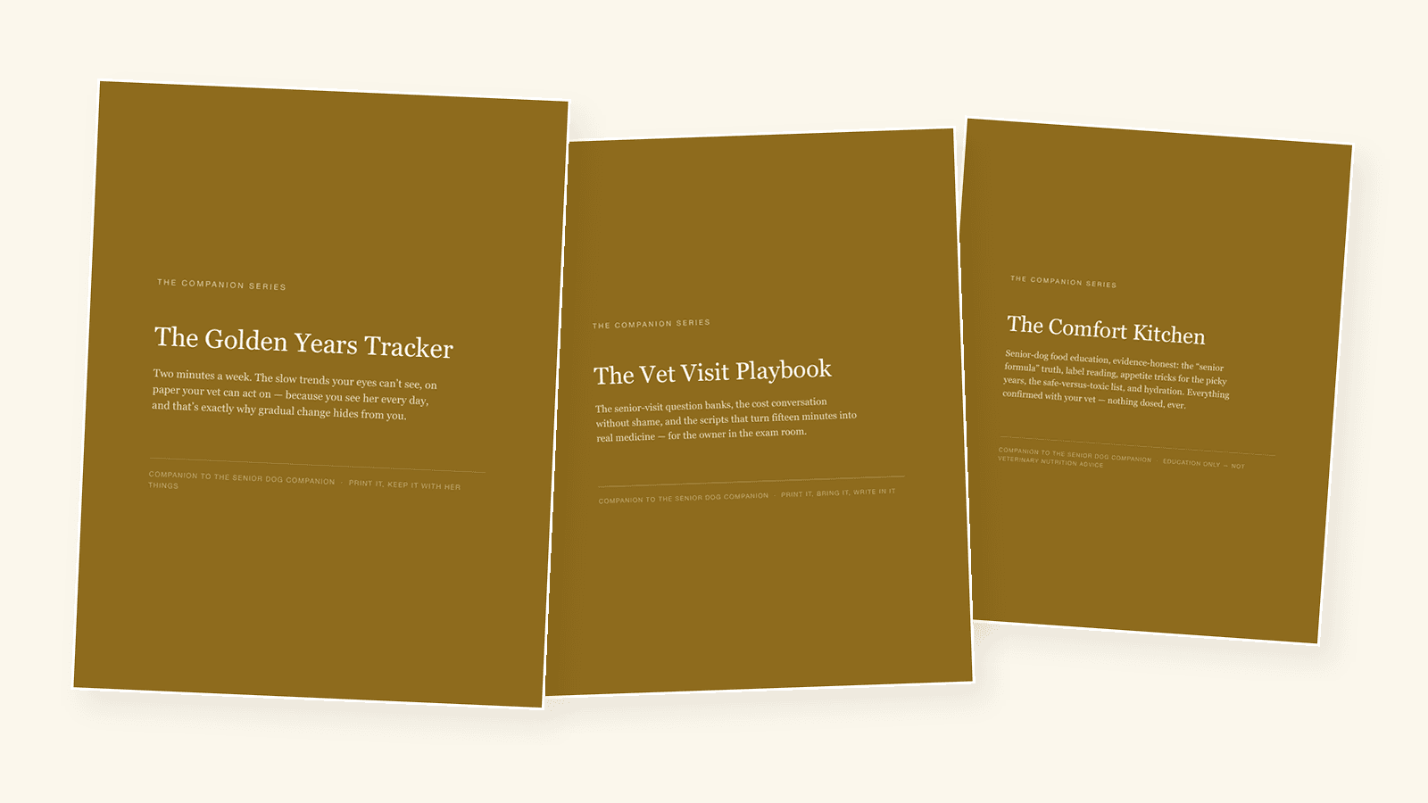The Golden Years Tracker, the Vet Visit Playbook, and the Comfort Kitchen